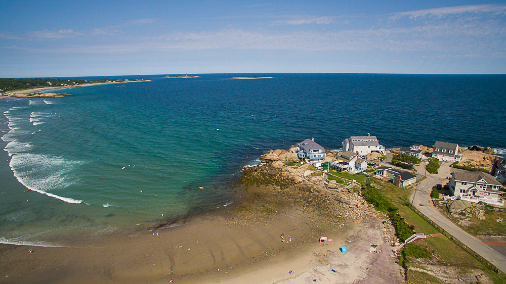Aerial rear, ocean and beach at 20 High Rock Terrace Gloucester Massachusetts