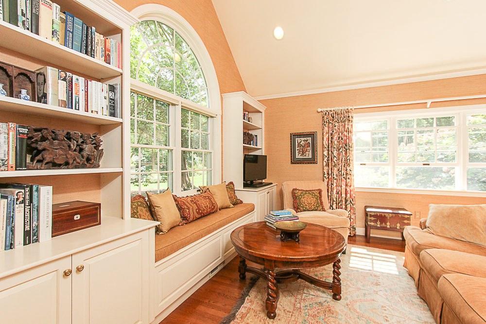 Office with built-ins and window seat at the palladian window at 743 Bay Road Hamilton Massachusetts