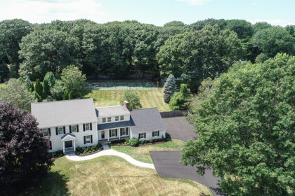 Aerial front towards tennis court 10 Farrington Lane Hamilton Massachusetts