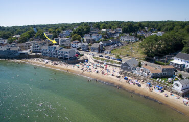 Aerial Front Beach Rockport MA Arrow pointing to 2 Beach Street Rockport Massachusetts