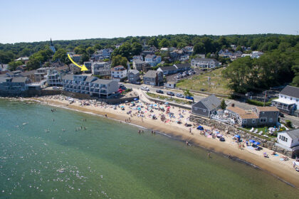 Aerial Front Beach Rockport MA Arrow pointing to 2 Beach Street Rockport Massachusetts