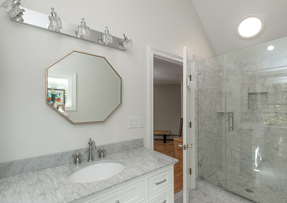 Primary bath with walk-in glass and tile shower 376 Highland Street Hamilton Massachusetts