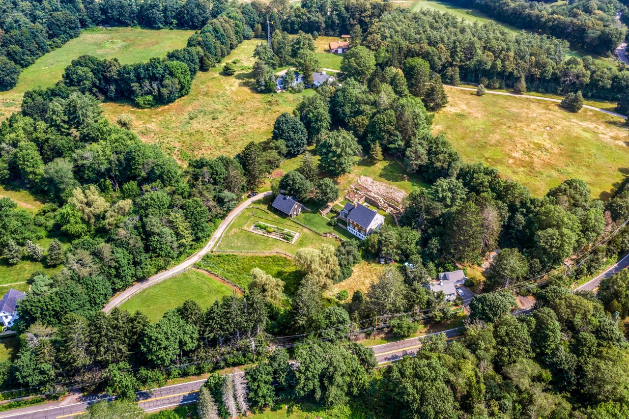 Aerial of the land and house 235 Larch Row Wenham MA