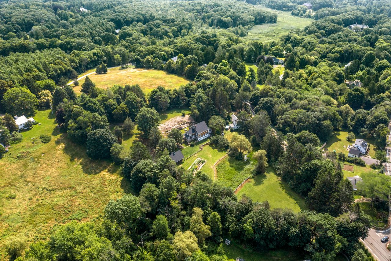 Aerial of the land showing where the house and barn sit 235 Larch Row Wenham MA