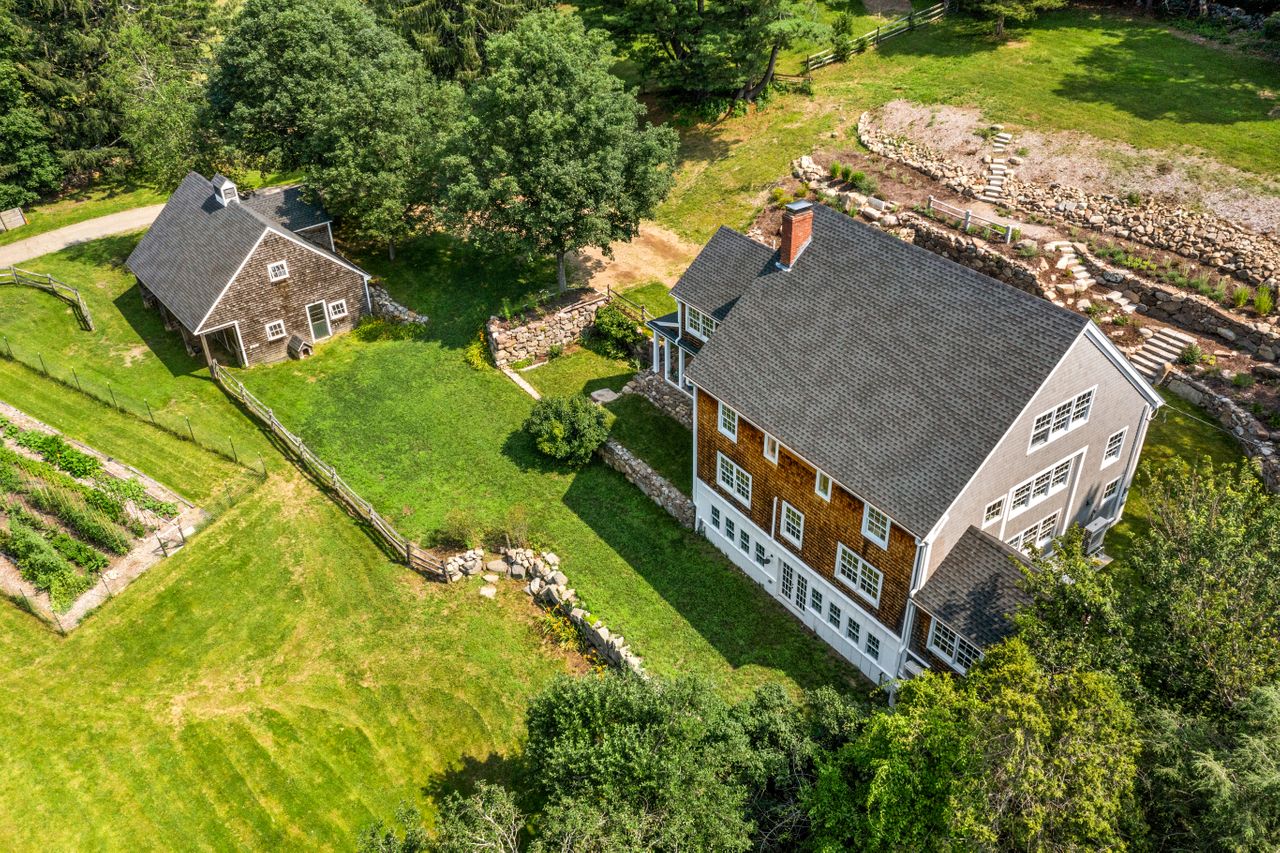 Aerial of the right front side and the barn 235 Larch Row Wenham MA