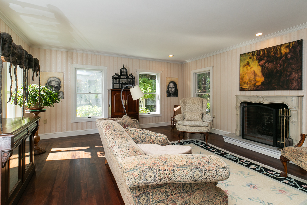 Living room with marble fireplace 59 Dodges Row Wenham MA